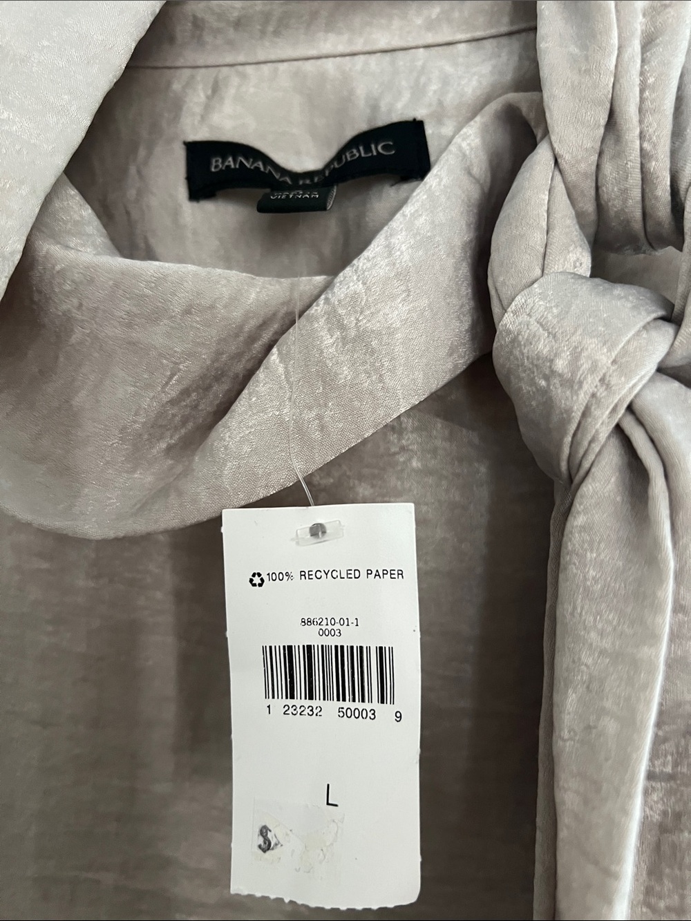 Banana Republic mock, tie neck silver taupe long sleeve blouse. NWT. Size Large - Picture 2 of 6